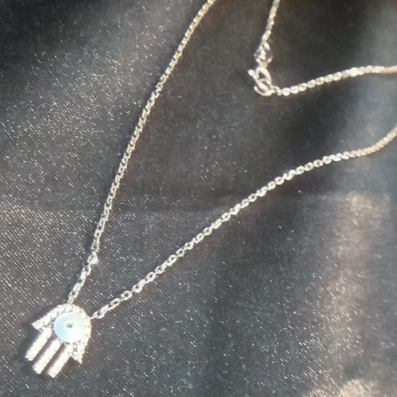 Sterling Silver 925 Hamsa Necklace with Blue Accent. - Picture 2 of 5